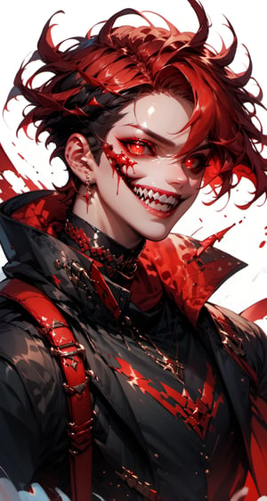 (score_9, score_8_up, score_7_up), zPDXL, 1boy, korean fashion star, solo, looking at viewer, smile, short hair, white background, black hair, red eyes, jewelry, jacket, cowboy shot, male focus, red hair, earrings, teeth, black jacket, blood, glowing, sharp teeth, red background, colored sclera, black sclera,BioPunky:0.8