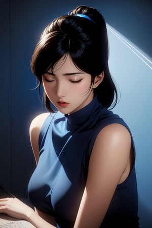 Create an intense, evocative portrait in the korean retro anime style. The scene features a female bathed in deep blue light, leaning against a wall with her arms raised, eyes closed in a moment of raw emotion. Her attire is minimal, accentuating the curves of her body and the dramatic shadows cast by the lighting. The background is stark, with sharp contrasts highlighting the contours of her form. The blue and black palette intensifies the mood, evoking a sense of mystery and allure. Subtle film grain and meticulous shading add depth and texture, emphasizing the emotional gravity of the scene. The lighting creates a chiaroscuro effect, accentuating her expressive pose and the intense atmosphere.