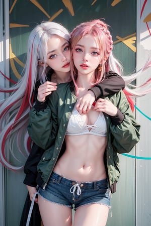 2girls, blush, blue eye, long hair, (white and red highlight hair: 1.4), Donatella Versace designed: ((designed dark green open jacket)), ((low rise shorts)), stylish clothing, braid_hair, (( pattern art wall background)), kissing expression in her face, (dynamic posing), navel,medium shot,two_girls