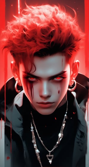 (score_9, score_8_up, score_7_up), zPDXL, solo, looking at viewer, smile, short hair, simple background, black hair, red eyes, 1boy, jewelry, jacket, upper body, male focus, red hair, earrings, teeth, black jacket, blood, glowing, sharp teeth, red background, colored sclera, black sclera,BioPunky:0.8