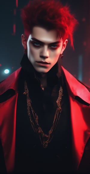 (score_9, score_8_up, score_7_up), zPDXL, solo, looking at viewer, smile, short hair, simple background, black hair, red eyes, 1boy, jewelry, jacket, upper body, male focus, red hair, earrings, teeth, black jacket, blood, glowing, sharp teeth, red background, colored sclera, black sclera,BioPunky:0.8