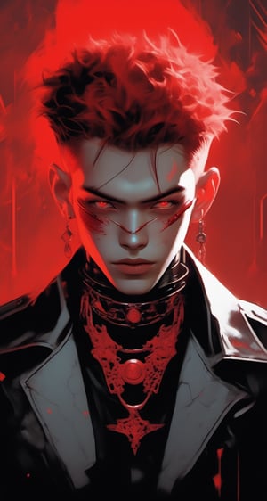 (score_9, score_8_up, score_7_up), zPDXL, solo, looking at viewer, smile, short hair, simple background, black hair, red eyes, 1boy, jewelry, jacket, upper body, male focus, red hair, earrings, teeth, black jacket, blood, glowing, sharp teeth, red background, colored sclera, black sclera,BioPunky:0.8