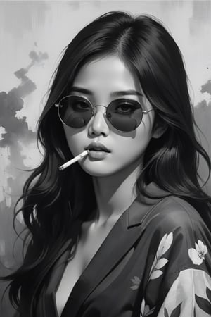 painting of a korean 1girl, solo, long hair, simple background, black hair, smoking, face,  sunglasses, cinematic background , soulful eyes, monochrome