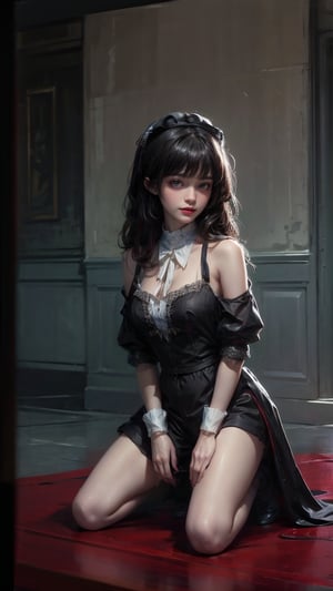 female, ((masterpiece, best quality, ultra detailed, absurdres):1.5), 1girl, sit, side sitting, savage style, bangs,beautiful, black hair, evil, maid_costume,skinny legs,kneel down,hands over the hair, hehe,shorts
(brilliant composition)