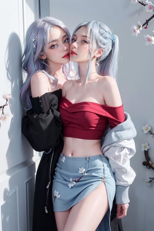 blush, blue eye, (white and blue highlight hair: 1.4), Donatella Versace designed: ((Luxurious off shoulder black jacket)) and ((Luxurious red frock)), messy_hair, (( cherry blossoms art wall background)), kissing expression in her face, (stylish posing), navel,medium full shot,two_girl