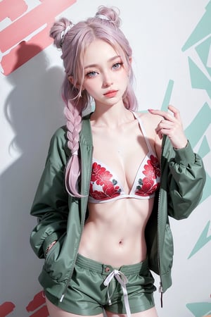 blush, blue eye, long hair, (white and red highlight hair: 1.4), Donatella Versace designed: ((designed dark green open jacket)), ((low rise shorts)), braid_hair, (( pattern art wall background)), kissing expression in her face, (stylish posing), navel,medium shot, two_girls,realhands