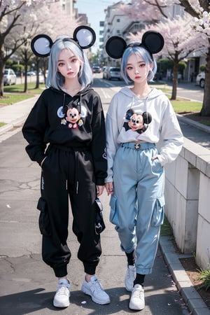 2girls, different face, blush, blue eye, (white and blue highlight hair: 1.4), Donatella Versace designed: (((mickey_Mouse ear hoodie))), and (((cargo pants))), (((waist fancy belts))), (((fancy shoes))), stylish clothing, different clothing, messy_hair, ((simple cherry blossoms art wall background)), nervous and embarrassed expression in their face, ((awsome posing)),medium full shot,two_girl,2girls,different_clothes