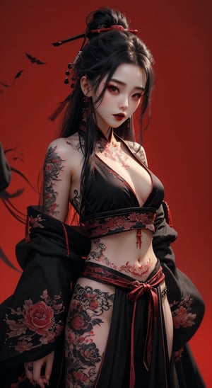 score_9, score_8_up, score_7_up, (front:1.2), 1girl, goth girl, black lips, hanfu robe, red background, midriff, upper body, medium breasts, tattoo, body tattoo, urban tech, looking_at_viewer