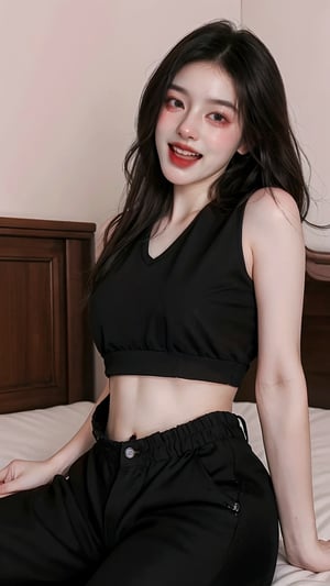 Realism, Highres, Detailed, Extremely Detailed, (on the bedroom), (in front:1.2), (midriff), solo, a young girl awsome posing, crazy laugh, open mouth, ahego, tongue, blush, rosy cheeks, black outfit, hyper detailed, high quality, epic realistic