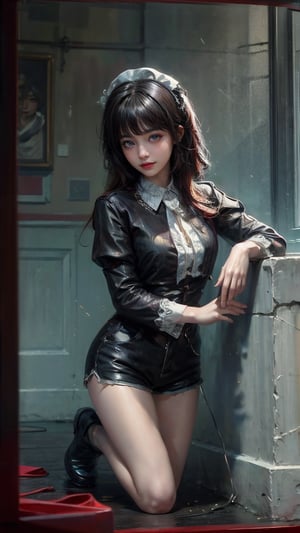 female, ((masterpiece, best quality, ultra detailed, absurdres):1.5), 1girl, sit, Lean against a wall pose, savage style, bangs,beautiful, black hair, evil, maid_costume,skinny legs,kneel down,hands over the hair, hehe,shorts
(brilliant composition)