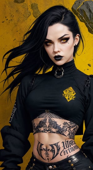 score_9, score_8_up, score_7_up, (midriff:1.2), charcoal art, 1girl, a portrait goth girl with natural face, black lips, black long sleeve crop top, (((cool rock pose))), yellow vintage background, midriff, medium breasts, collarbone tattoo, neck tattoo, urban tech, looking_at_viewer