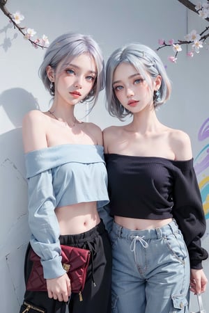 2girls, blush, blue eye, (white and blue highlight hair: 1.4), Donatella Versace designed: ((Luxurious off shoulder purple shirt)) and ((Luxurious baggy pants)), stylish clothing, messy_hair, (( cherry blossoms art wall background)), nervous and embarrassed expression in their face, (dynamic posing), navel,medium full shot,two_girl,2girls,different_clothes