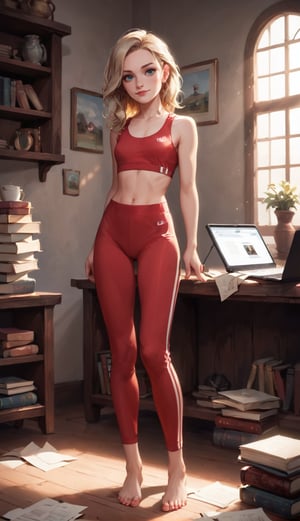 score_9, score_8_up, score_7_up, rating_questionable,Woman, wearing red yoga pants, at home in her cottage, surrounded by scattered papers, books, and a laptop, with a cup of coffee beside her, warm interior lighting, subtle shadows, soft,Cinematic photography, movie mood, cinematic light, compelling composition, storytelling elements, conveys emotion, mood, and narrative depth, creating visually striking images that feel like still frames from a film, blonde hair, full_body