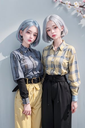 2girls, blush, blue eye, (white and blue highlight hair: 1.4), Donatella Versace designed: (((yellow designed check shirt))), and (((black loose pants))), (((waist designed belts))), stylish clothing, different clothing, messy_hair, (( cherry blossoms art wall background)), nervous and embarrassed expression in their face, ((stylish posing)), hot photoshoot pose, navel,medium full shot,two_girl,2girls,different_clothes