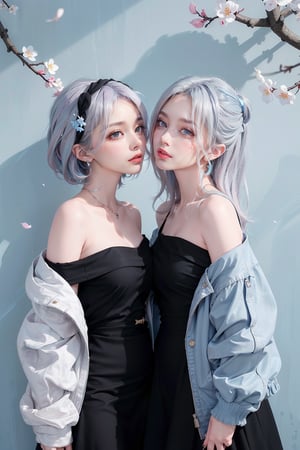 2girls, blush, blue eye, (white and blue highlight hair: 1.4), Donatella Versace designed: ((Luxurious off shoulder blue jacket)) and ((Luxurious black frock)), stylish clothing, messy_hair, (( cherry blossoms art wall background)), kissing expression in their face, (stylish posing), navel,medium full shot,two_girl,2girls,different_clothes