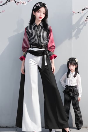 2girls,(((small girl and big girl))), different face, blush, blue eye, (white and black highlight hair: 1.4), (((fancy hair headband))), Donatella Versace designed: (((red striped full sleeve shirt))), and (((fancy harem pants))), (((waist fancy belts))), (((fancy knee high long heels))), stylish clothing, different clothing, messy_hair, (((simple cherry blossoms wall background))), nervous and embarrassed expression in their face, ((awsome posing)),medium full shot,two_girl,2girls,different_clothes