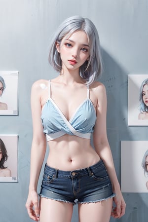 blush, blue eye, (white and blue highlight hair: 1.4), Donatella Versace designed: ((Luxurious Brown Shirt)), ((Luxurious low-rise shorts)), messy_hair, ((paper cut posters wall background)), kissing expression in her face, dynamic posing, navel, upper body