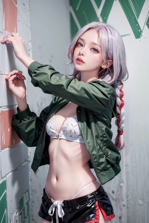 blush, blue eye, long hair, (white and red highlight hair: 1.4), Donatella Versace designed: ((designed dark green open jacket)), ((low rise shorts)), braid_hair, (( pattern art wall background)), kissing expression in her face, (dynamic posing), navel,medium shot, two_girls