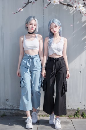 2girls, different face, blush, blue eye, (white and blue highlight hair: 1.4), Donatella Versace designed: (((blue designed fancy top))), and (((loose cargo pants))), (((waist knot belts))), (((sneakers))), stylish clothing, different clothing, messy_hair, (( cherry blossoms art wall background)), nervous and embarrassed expression in their face, ((stylish posing)), hot photoshoot pose,medium full shot,two_girl,2girls,different_clothes