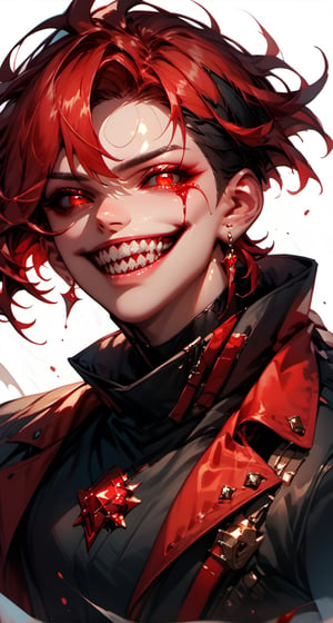 (score_9, score_8_up, score_7_up), zPDXL, 1boy, korean fashion star, solo, looking at viewer, smile, short hair, white background, black hair, red eyes, jewelry, jacket, cowboy shot, male focus, red hair, earrings, teeth, black jacket, blood, glowing, sharp teeth, red background, colored sclera, black sclera,BioPunky:0.8