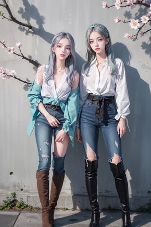 2girls, different face, blush, blue eye, (white and blue highlight hair: 1.4), (((fancy hair headband))), Donatella Versace designed: (((green full sleeve shirt))), and (((fancy torn jeans))), (((waist fancy knot belts))), (((fancy knee high long boots))), stylish clothing, different clothing, messy_hair, (((simple cherry blossoms wall background))), nervous and embarrassed expression in their face, ((awsome posing)),medium full shot,two_girl,2girls,different_clothes