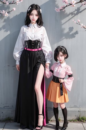 2girls,(((small girl and big girl))), different face, blush, blue eye, (white and black highlight hair: 1.4), (((fancy hair headband))), Donatella Versace designed: (((pink full sleeve shirt))), and (((fancy orange long skirt))), (((waist fancy corset belts))), (((fancy knee high long heels))), stylish clothing, different clothing, messy_hair, (((simple cherry blossoms wall background))), nervous and embarrassed expression in their face, ((awsome posing)),medium full shot,two_girl,2girls,different_clothes