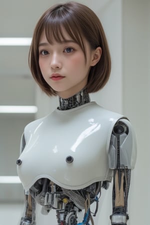 masterpiece, best quality, extremely detailed, Japanese android girl,portrait,chubby,Plump ,control panels,robot arms,robot,android,cyborg,white robot body,ceramic body,perfect robot girl,blunt bangs,robot repair plant,chubby,,blue eyes,office-lady