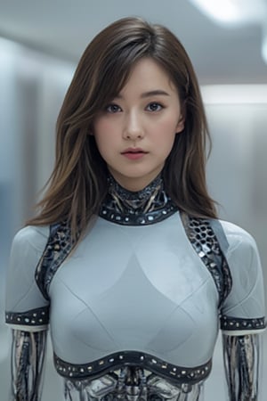 masterpiece, best quality, extremely detailed, Japanese android girl,portrait,chubby,Plump ,control panels,robot arms,robot,android,cyborg,white robot body,ceramic body,perfect robot girl,blunt bangs,robot repair plant,chubby,skirt,blue eyes,office-lady