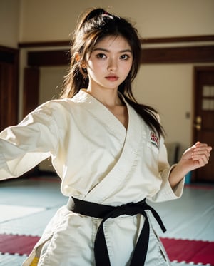 (RAW photo, best quality), (realistic, photo-Realistic), best quality, masterpiece, beautiful and aesthetic, 16K, (HDR), high contrast, (vibrant color),

ous hair,

at a dojo, wearing a karate gi, practicing karate, martial arts