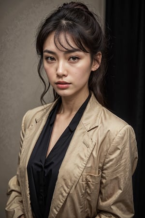 Extremely Realistic, best_quality, half-asian half white girl, medium brown hair, defined-square-jawline, 21 years old, high-set prominent cheekbones, light brown almond-shaped eyes, big lips, , photorealistic, wearing oversized an black suit jacket ,asian girl, head slightly tilted, photorealistic,myhanfu
