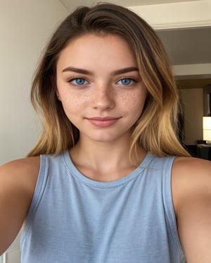 (RAW photo, best quality), (realistic, photo-Realistic), best quality, masterpiece, beautiful and aesthetic, 16K, (HDR), high contrast, (vibrant color),

ous hair,

young 21 year old beautiful blonde haired caucasian woman with black streaks, Instagram selfie, upper body, slight smirk, detailed skin face and eyes, natural lighting, at home, long hair, low contrast, freckles, blue eyes
