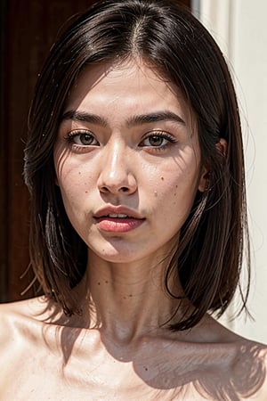 Extremely Realistic, best_quality, half-asian half white girl, medium brown hair, defined-square-jawline, 21 years old, high-set prominent cheekbones, light brown almond-shaped eyes, big lips, , photorealistic, wearing designer clothing ,asian girl,photorealistic