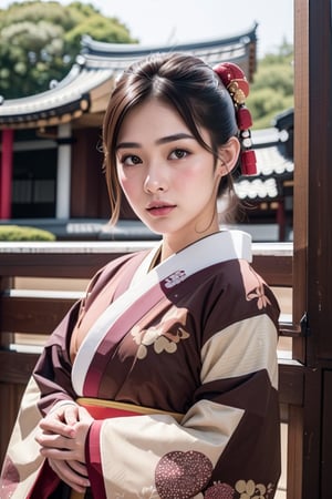 Extremely Realistic, best_quality, half-asian half white girl, medium brown hair, defined-square-jawline, 21 years old, high-set prominent cheekbones, light brown almond-shaped eyes, big lips, , photorealistic, wearing a kimono ,asian girl