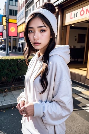 Extremely Realistic, best_quality, asian girl, medium brown hair, defined-square-jawline, 21 years old, high-set prominent cheekbones, light brown almond-shaped eyes, big lips, , photorealistic, wearing an oversize white hoodie,asian girl