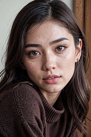 Extremely Realistic, best_quality, half-asian half white girl, medium brown hair, defined-square-jawline, 21 years old, high-set prominent cheekbones, light brown almond-shaped eyes, big lips, , photorealistic, wearing a knitten black sweater ,asian girl
