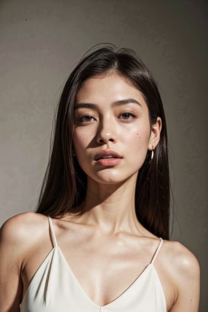 Extremely Realistic, best_quality, half-asian half white girl, medium brown hair, defined-square-jawline, 21 years old, high-set prominent cheekbones, light brown almond-shaped eyes, big lips, , photorealistic, wearing designer clothing ,asian girl