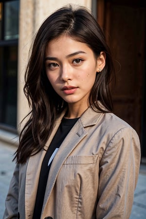 Extremely Realistic, best_quality, half-asian half white girl, medium brown hair, defined-square-jawline, 21 years old, high-set prominent cheekbones, light brown almond-shaped eyes, big lips, , photorealistic, wearing oversized an black suit jacket ,asian girl, head slightly tilted, photorealistic