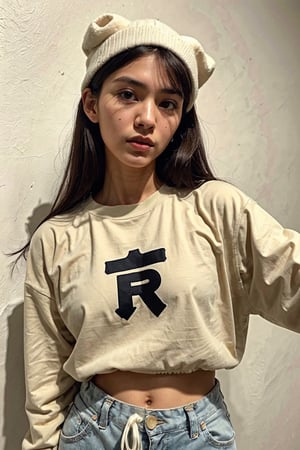 Extremely Realistic, best_quality, half-asian half white girl, medium brown hair, defined-square-jawline, 21 years old, high-set prominent cheekbones, light brown almond-shaped eyes, big lips, photorealistic, wearing baggy streetwear ,asian girl, head slightly tilted, photorealistic,myhanfu,fittingroom,ffc selfie