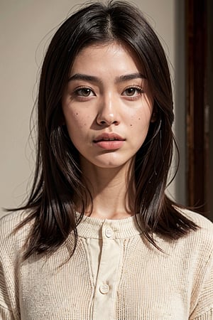 Extremely Realistic, best_quality, half-asian half white girl, medium brown hair, defined-square-jawline, 21 years old, high-set prominent cheekbones, light brown almond-shaped eyes, big lips, , photorealistic, wearing designer clothing ,asian girl