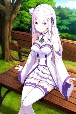 absurdres, highres, ultra detailed, emilia, white hair, purple eyes, long hair, medium breasts, hair flower, hair ornament, hair ribbon, white dress, detached collar, wide sleeves, white thighhighs, looking at viewer, sitting, bench, outdoors, tree