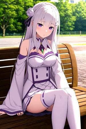 absurdres, highres, ultra detailed, emilia, white hair, purple eyes, long hair, medium breasts, hair flower, hair ornament, hair ribbon, white dress, detached collar, wide sleeves, white thighhighs, looking at viewer, sitting, bench, outdoors, tree