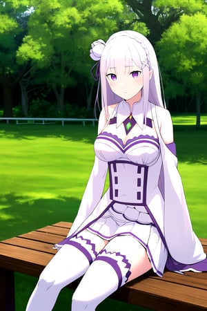 absurdres, highres, ultra detailed, emilia, white hair, purple eyes, long hair, medium breasts, hair flower, hair ornament, hair ribbon, white dress, detached collar, wide sleeves, white thighhighs, looking at viewer, sitting, bench, outdoors, tree