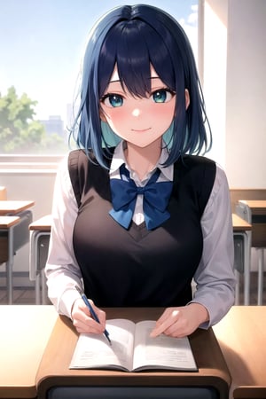 akane-kurokawa, 1girl, solo, masterpiece, ((ultra-detailed)),  high_res, dark blue hair, blue highlights, green_blue eyes, smile, blush, closed mouth, white shirt, long sleeves shirt, black vest sweater, blue bowtie, grey skirt, classroom, bluesky, looking at the viewer 