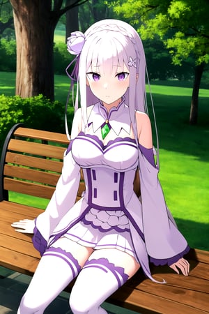 absurdres, highres, ultra detailed, emilia, white hair, purple eyes, long hair, medium breasts, hair flower, hair ornament, hair ribbon, white dress, detached collar, wide sleeves, white thighhighs, looking at viewer, sitting, bench, outdoors, tree