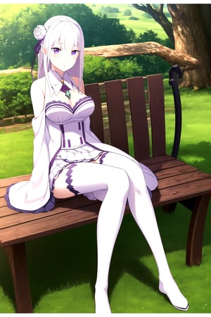 absurdres, highres, ultra detailed, emilia, white hair, purple eyes, long hair, medium breasts, hair flower, hair ornament, hair ribbon, white dress, detached collar, wide sleeves, white thighhighs, looking at viewer, sitting, bench, outdoors, tree