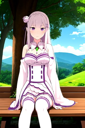 absurdres, highres, ultra detailed, emilia, white hair, purple eyes, long hair, medium breasts, hair flower, hair ornament, hair ribbon, white dress, detached collar, wide sleeves, white thighhighs, looking at viewer, sitting, bench, outdoors, tree