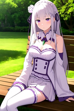 absurdres, highres, ultra detailed, emilia, white hair, purple eyes, long hair, medium breasts, hair flower, hair ornament, hair ribbon, white dress, detached collar, wide sleeves, white thighhighs, looking at viewer, sitting, bench, outdoors, tree