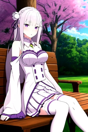 absurdres, highres, ultra detailed, emilia, white hair, purple eyes, long hair, medium breasts, hair flower, hair ornament, hair ribbon, white dress, detached collar, wide sleeves, white thighhighs, looking at viewer, sitting, bench, outdoors, tree