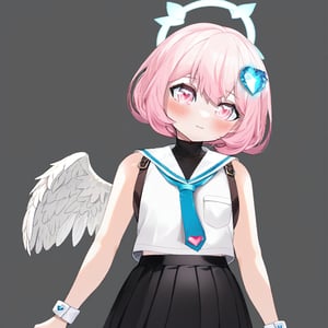 (fullbody) , black skirt , thigh , shoes , loafers,  1girl, solo, blush, short hair, bangs,  shirt, hair ornament, blue heart crystal , white shirt, upper body, pink hair, heart, virtual youtuber, sailor collar, halo, white sailor collar, heart hair ornament, necktie, sleeveless, pink eyes , feathered wings 
