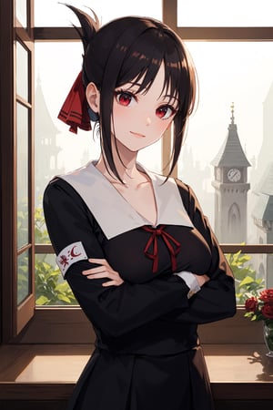 Room, Window, castle, (Ultra Detailed), Masterpiece, Breasts, Best Quality, Aesthetic, Detailed, Solo, Soft Smile, Light Smile, 1 Girl, (red eyes), (short hair), (black hair) , sensual, big breasts, (shaped chest, 1 girl, different poses, (eyelashes), slender, one hand chest, ponytail, (parted_bangs), shinomiya_kaguya, (perferct fingers), (perferct hands),kaguya shinomiya,folded ponytail,   dress, collarbone, black dress, (school uniform), (shuuchiin academy school uniform), long sleeves, armband, ribbon, (red ribbon, neckband), crossed arms